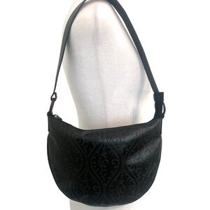 DKNY Vintage Black Wooden Leather Paisley Laser Print Shoulder Bag